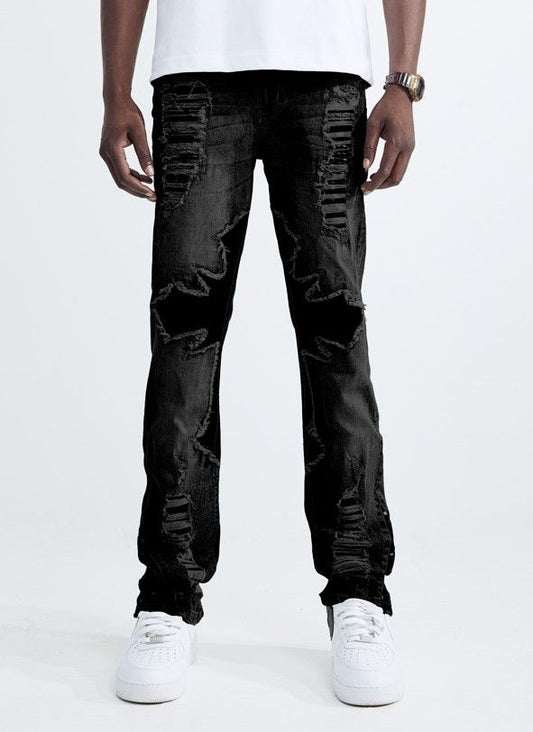 Straight Fit Patch Work Jeans - Jet Black