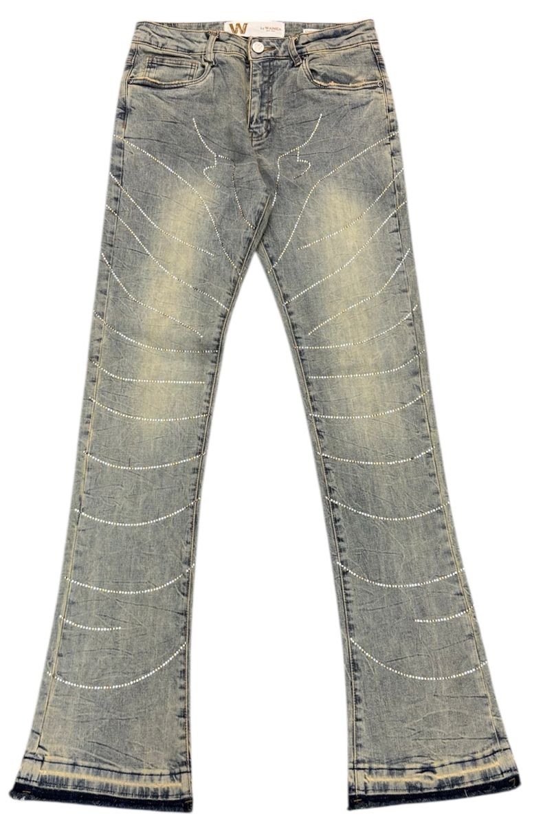 Stacked Denim Rhinestone Detail Jeans - Blue