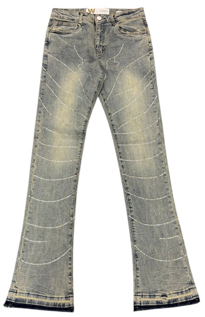 Stacked Denim Rhinestone Detail Jeans - Blue