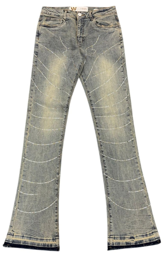 Stacked Denim Rhinestone Detail Jeans - Blue