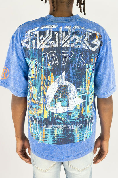 Future Astro Acid Washed Graphic Tee - Sky Blue