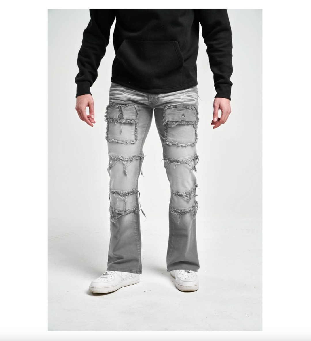 Flare Fit Stretch Pants With Patch Pocket - Grey