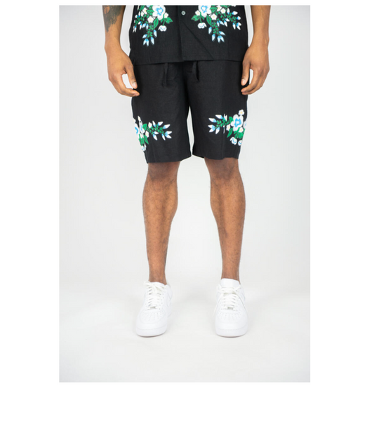 Floral High Density Print Linen Shorts