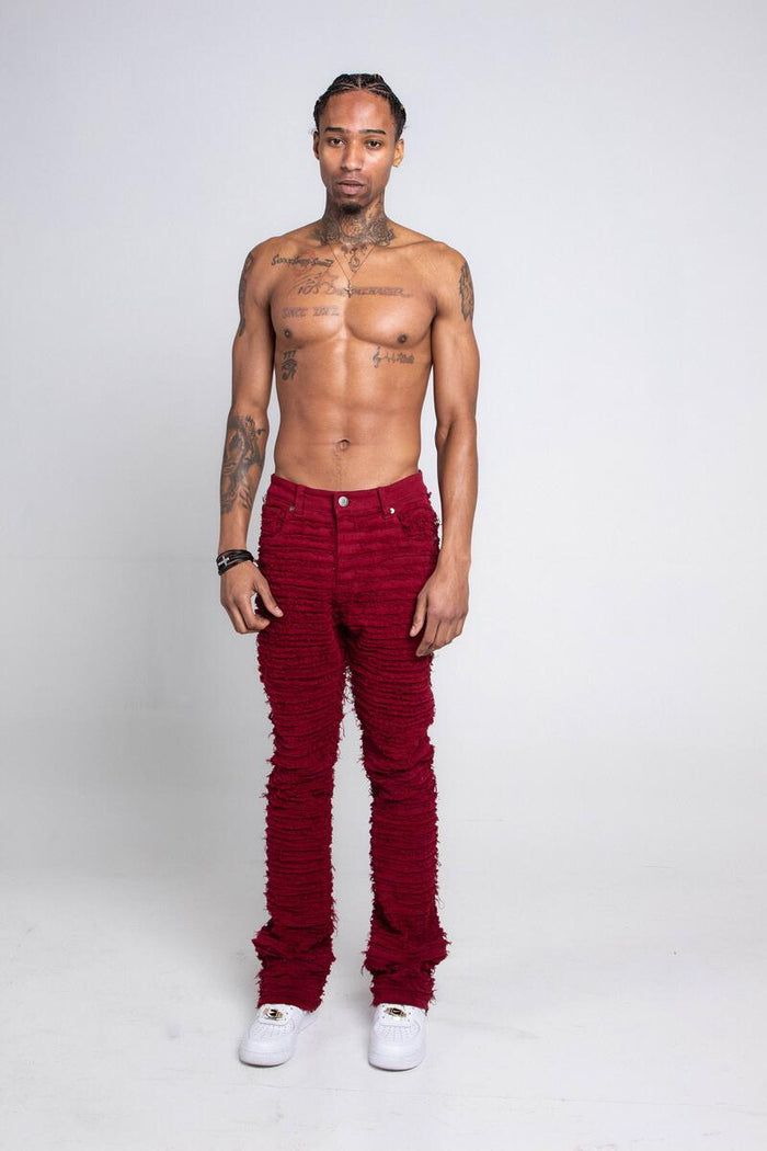 Tassels Thrashed Stacked Jeans - Wine