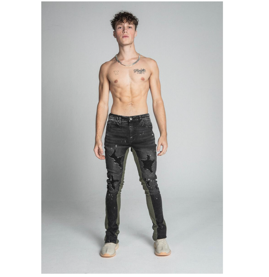 Ripped Jeans With Inner Contrast - Black/Olive